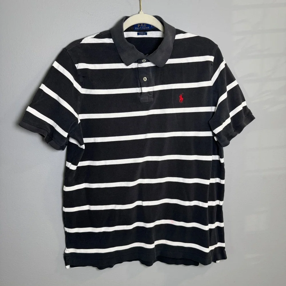 Polo Ralph Lauren Mens Large Black White Striped Classic Fit Short Sleeve Polo